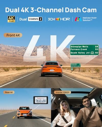Dual 4K 3-Channel Dash Cam with front, rear, and inside views.