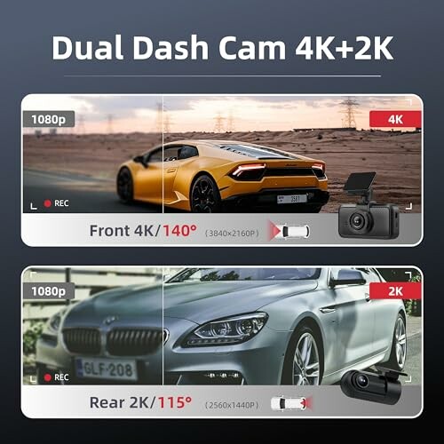 Dual dash cam showing front 4K and rear 2K footage with cars.