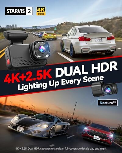Dual HDR dashcam promotional poster with cars and camera features.