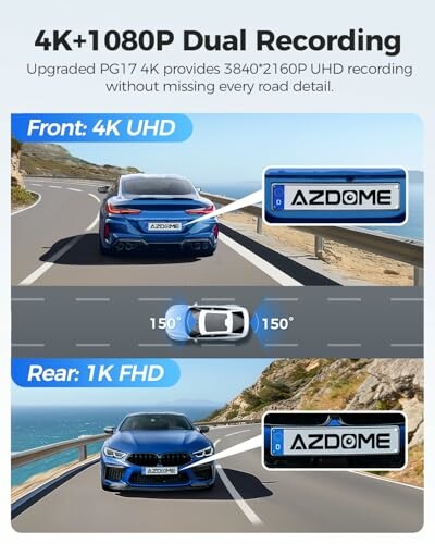 Dashcam dual recording features with 4K front and 1K rear views.