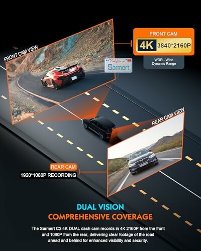 Dual vision dash cam coverage with front and rear views.