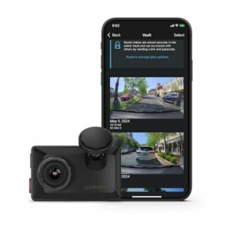 Garmin camera with phone showing video storage.