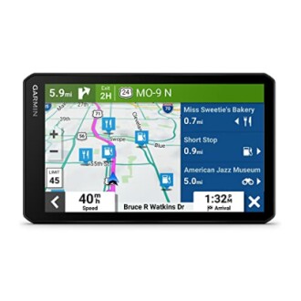 Garmin GPS device displaying navigation map with route and directions.