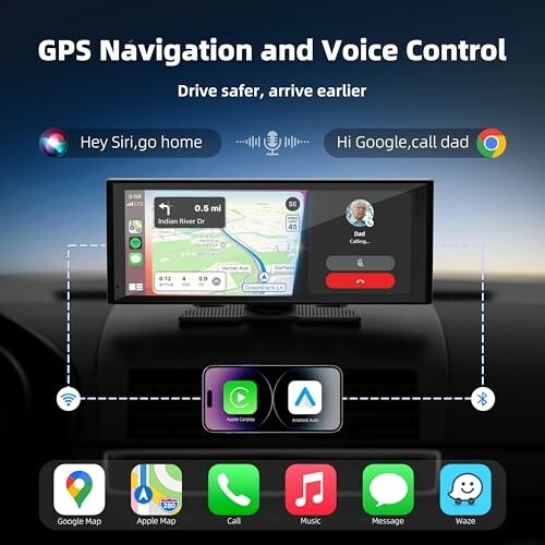 Dashboard display with GPS navigation and voice control features.