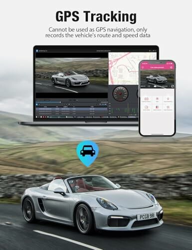 GPS tracking system interface with car and mobile app display.