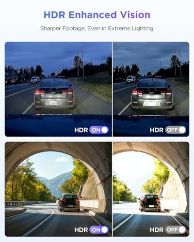 Image showing HDR enhanced vision comparison with ON and OFF settings in different lighting conditions.