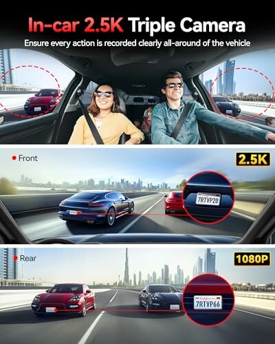 In-car 2.5K triple camera system showcasing front and rear views with high definition recording.