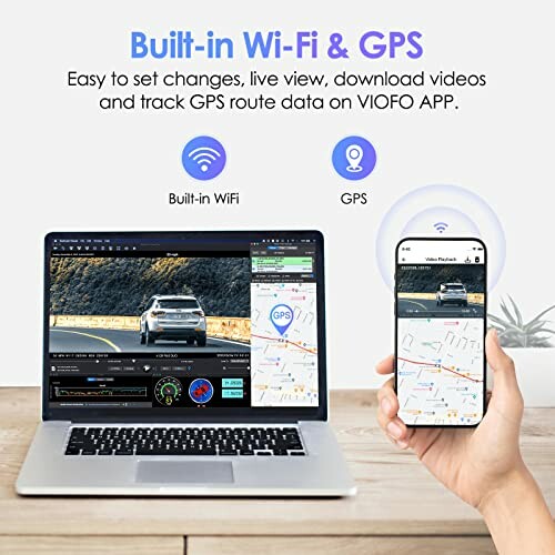 Laptop and smartphone displaying GPS and Wi-Fi features with app interface.