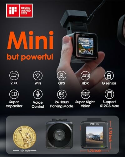 Mini dashcam with features like WiFi, GPS, and night vision.