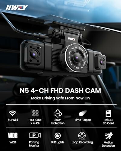 N5 4-Channel FHD Dash Cam with features like 5G WiFi, 360 protection, and 128GB SD card.