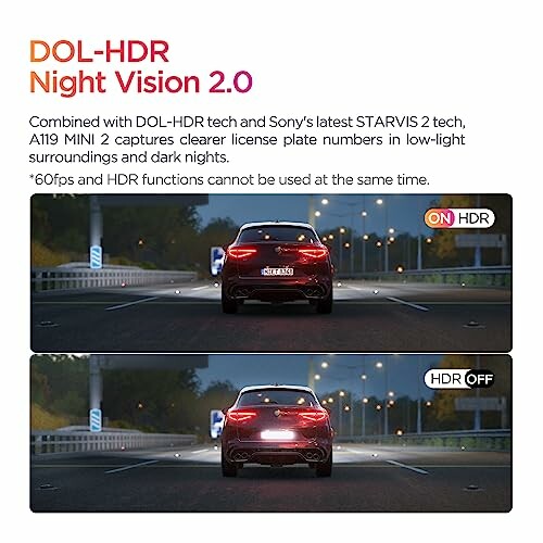 Comparison of car visibility with HDR on and off at night.