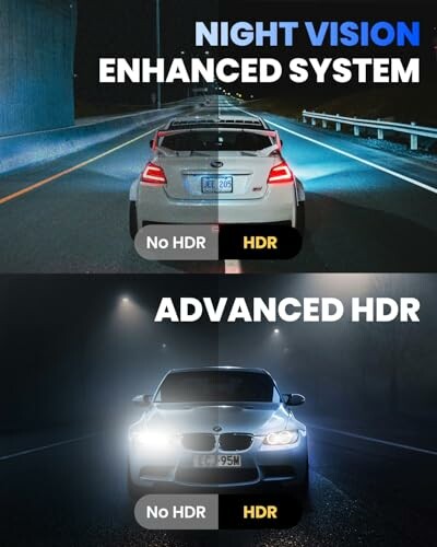 Comparison of car headlights with and without HDR, showing enhanced night vision system.