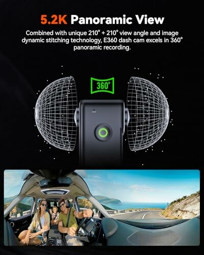 Advertisement for 5.2K panoramic dash cam with 360-degree view.