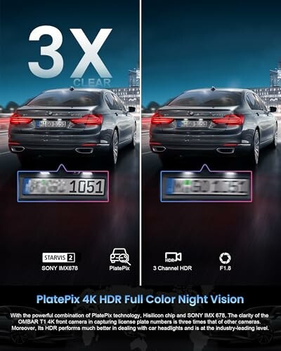 Comparison of PlatePix 4K HDR night vision showing enhanced license plate clarity.