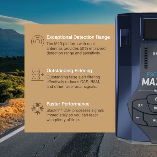 Radar detector with features: exceptional detection range, outstanding filtering, faster performance