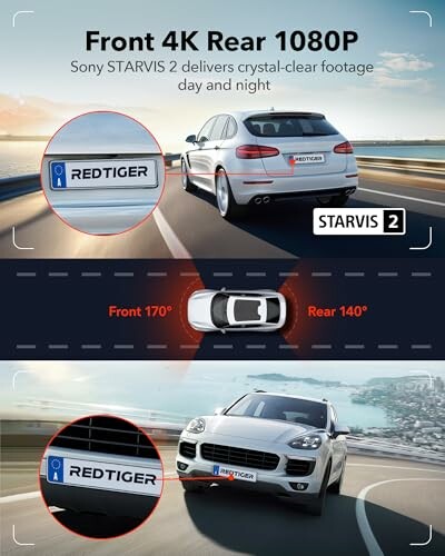 Redtiger dashcam promotional image showing front 4K rear 1080P features.