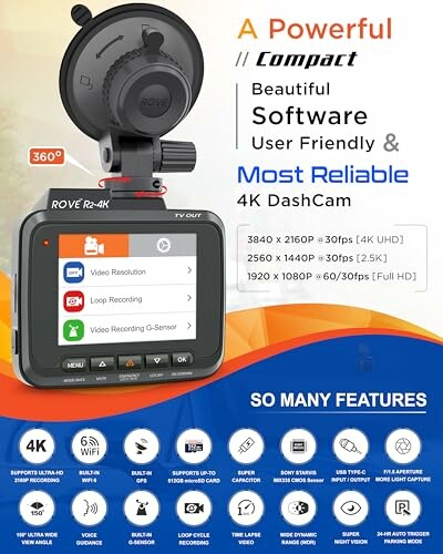 Promotional image of Rove R2-4K dashcam with features listed.