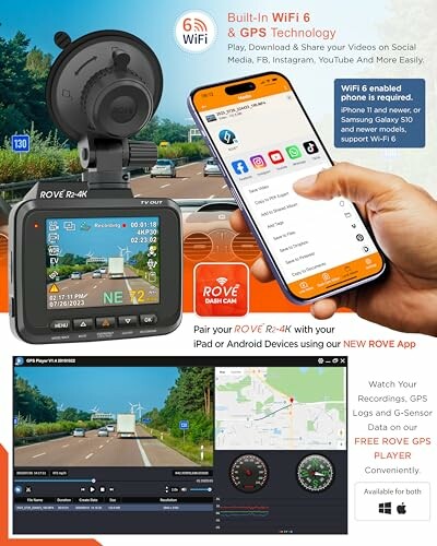 Rove R2-4K dash cam and app features.