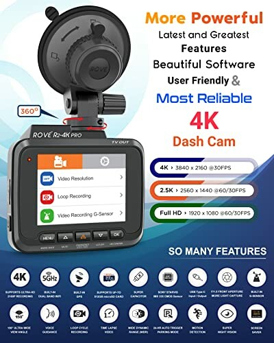 Rove R2-4K Dash Cam with features and specifications.