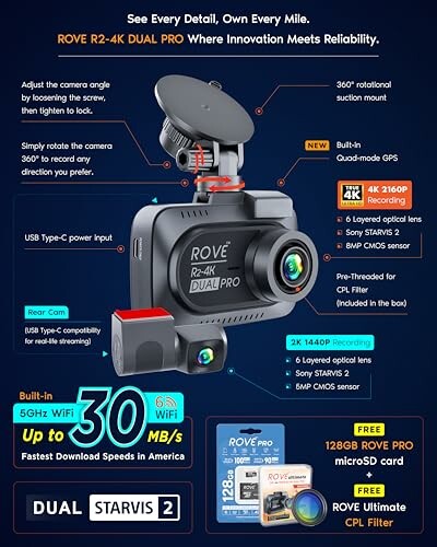 Rove R2-4K Dual Pro dashboard camera features and accessories.