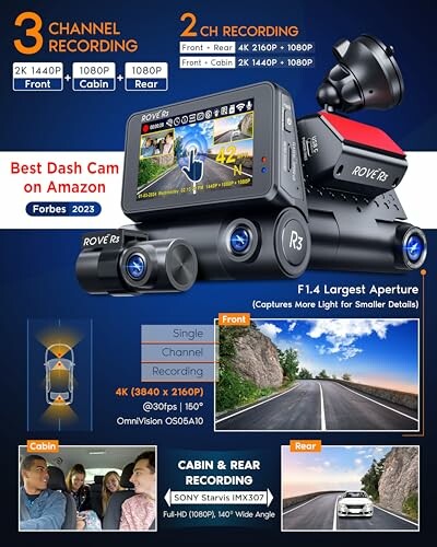 Rove R3 dash cam with 3 channel recording, best on Amazon.