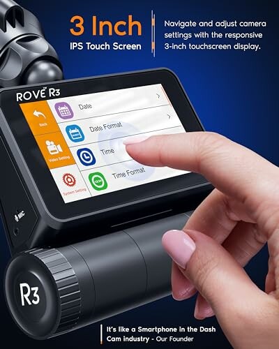 Hand interacting with Rove R3 dash cam touch screen display.