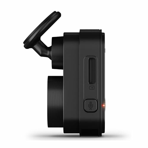 Side view of a black action camera with mounting bracket.