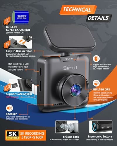 Smart dash camera with features like GPS, 5K recording, and easy disassembly.