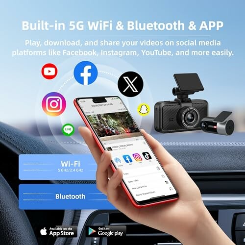 Hand holding smartphone with social media icons and dashboard camera, featuring built-in 5G WiFi and Bluetooth.