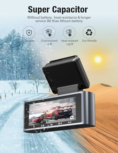 Dashcam with super capacitor features in winter and desert backgrounds.