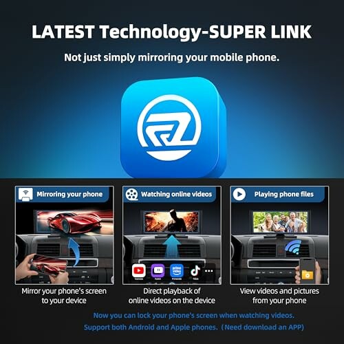 Super Link technology for phone mirroring and video playback.