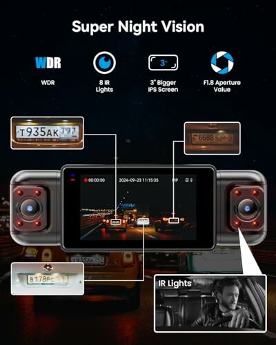 Dashcam with Super Night Vision features highlighted, including IR lights and screen displaying road footage.