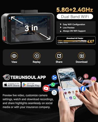 Terunsoul app interface for camera with WiFi and smartphone connectivity.
