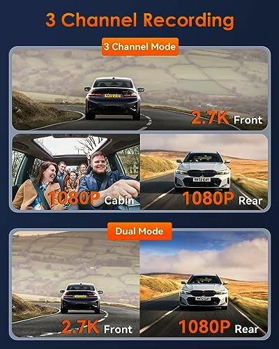 Dashcam with three channel recording modes showing front, cabin, and rear views.