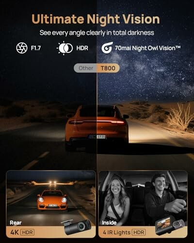 Advertisement showcasing night vision capabilities of a dashcam with car driving in desert, rear and inside views.