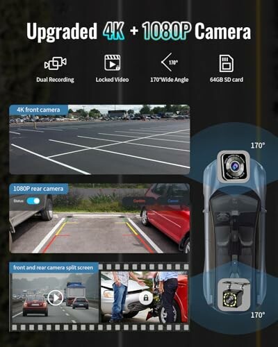 Dashboard camera features: dual recording, locked video, 170-degree wide angle, 4K and 1080P resolution.
