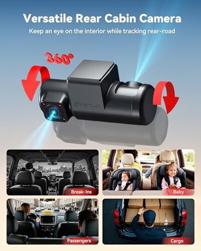 Versatile rear cabin camera with 360-degree rotation, showcasing features for break-ins, baby monitoring, passengers, and cargo.