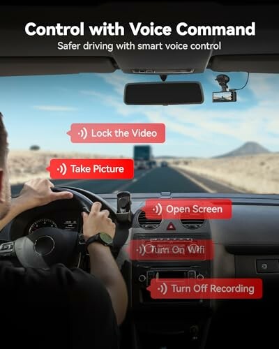 Person driving with voice command options displayed on dashboard.