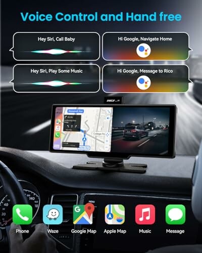 Voice control car navigation display with app icons and commands.