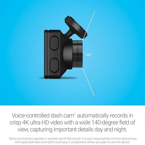 Voice-controlled dash cam with 4K video and 140-degree view.