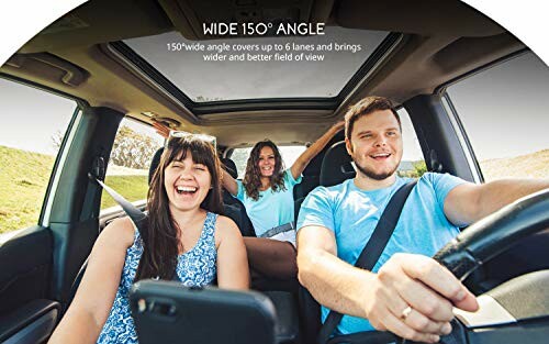 Three people smiling inside a car with wide 150-degree angle view